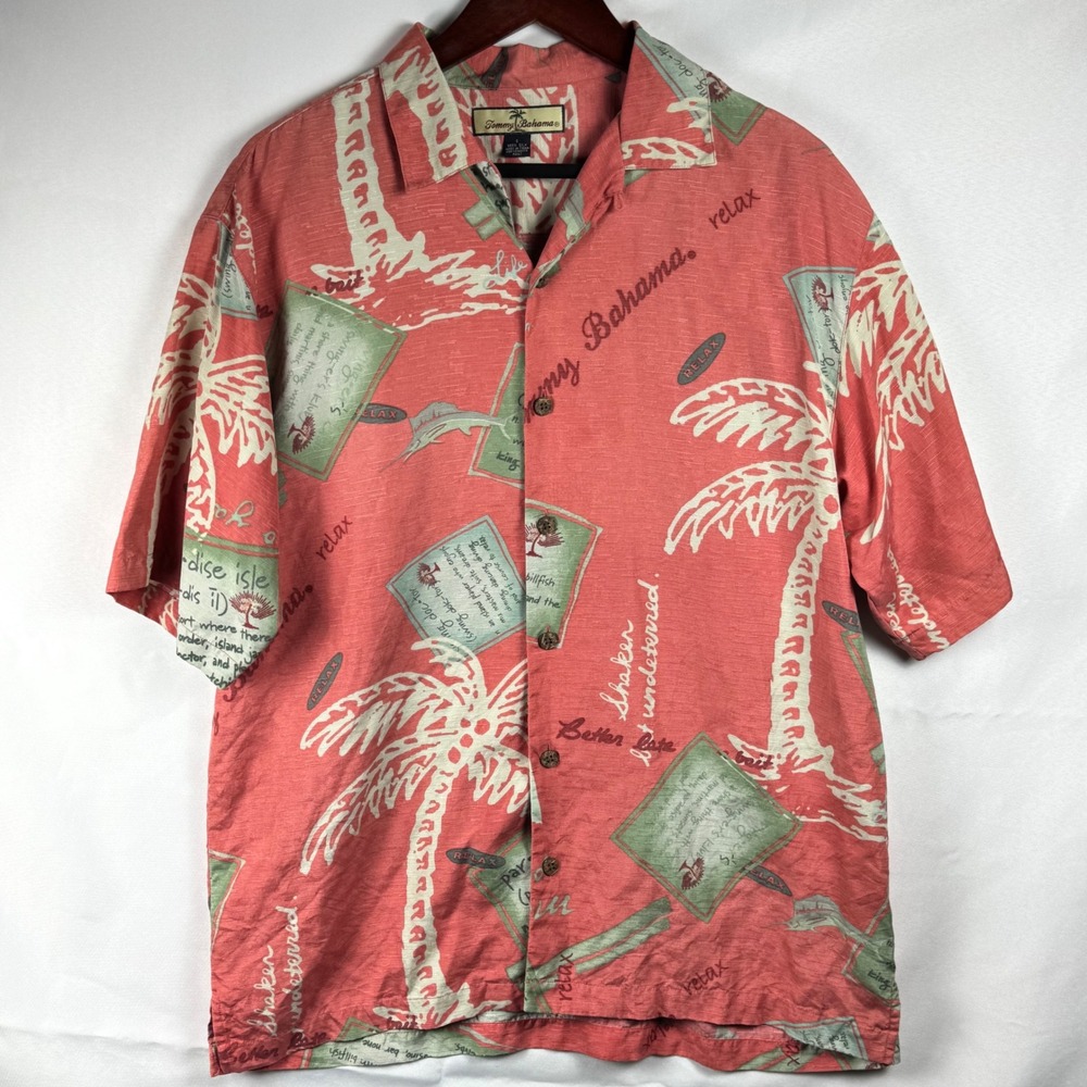 Tommy Bahama Mens S Silk Aloha Shirt Coral Pink Paradise Isle Postcard 31-T30084